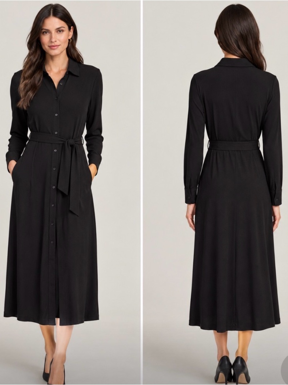 New Lafayette 148 New York Black Jersey Shirt Dress Belted Pockets Luxury Size M